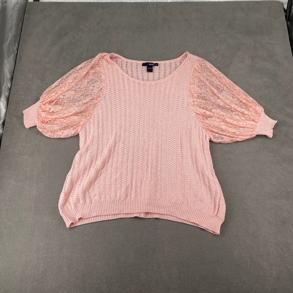 Denim 24/7 Womens Pink Pointelle Open Knit Crew Neck‎ Pullover Sweater Size L